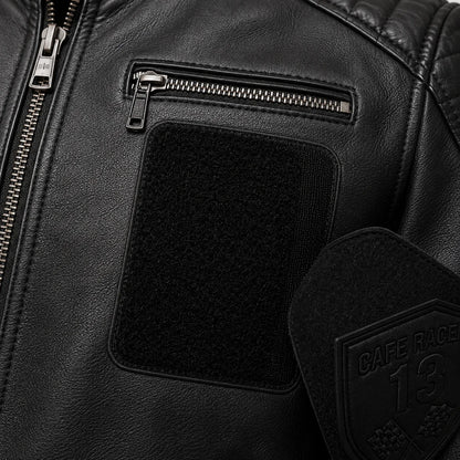 Close-up of hook-and-loop patch panel on cowhide leather jacket