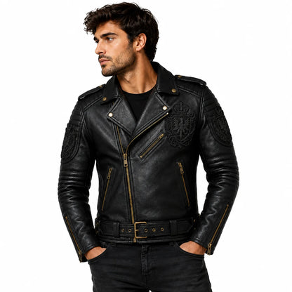 Man wearing black leather crested biker jacket, lifestyle shot