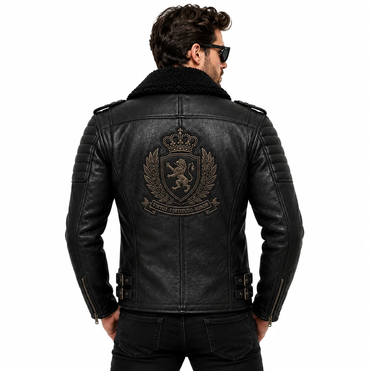 Man wearing black shearling-collar crested biker jacket, lifestyle shot, back look