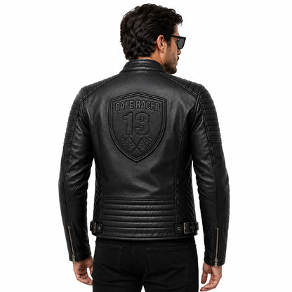 Man wearing black cafe racer jacket with removable patch, lifestyle shot, back wearing look