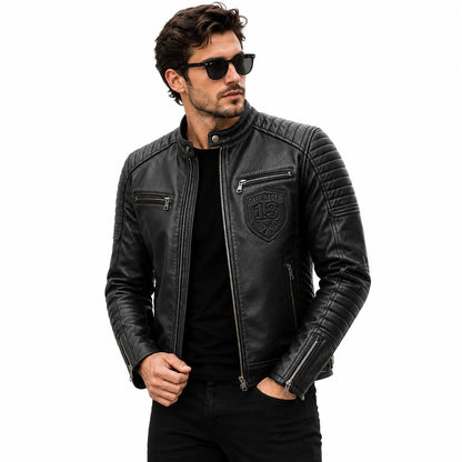 Man wearing black cafe racer jacket with removable patch, lifestyle shot