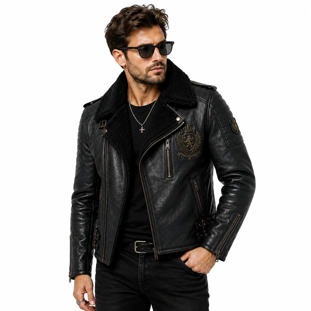 Man wearing black shearling-collar crested biker jacket, lifestyle shot