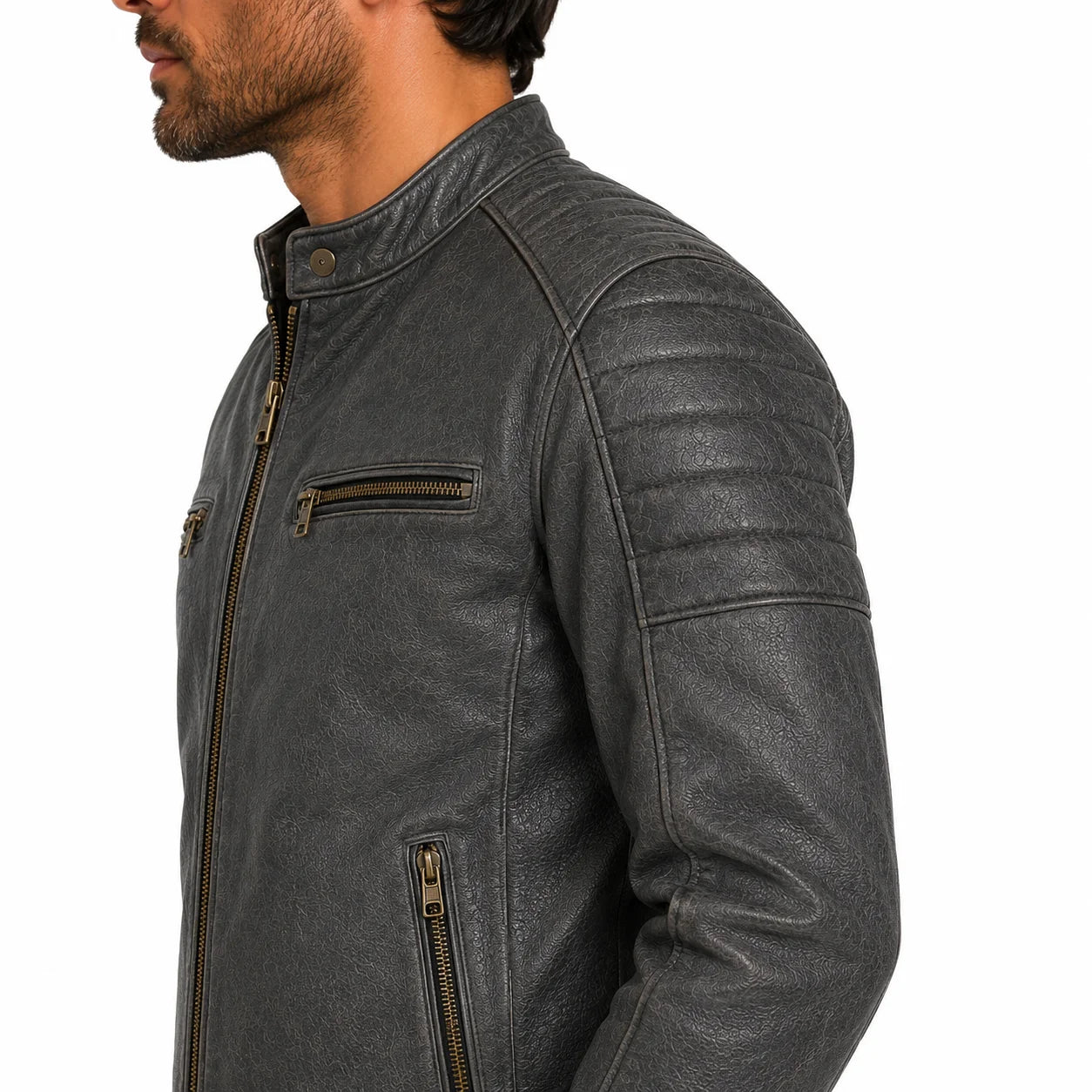 Man wearing grey leather crested motorcycle jacket, lifestyle shot, side closeup