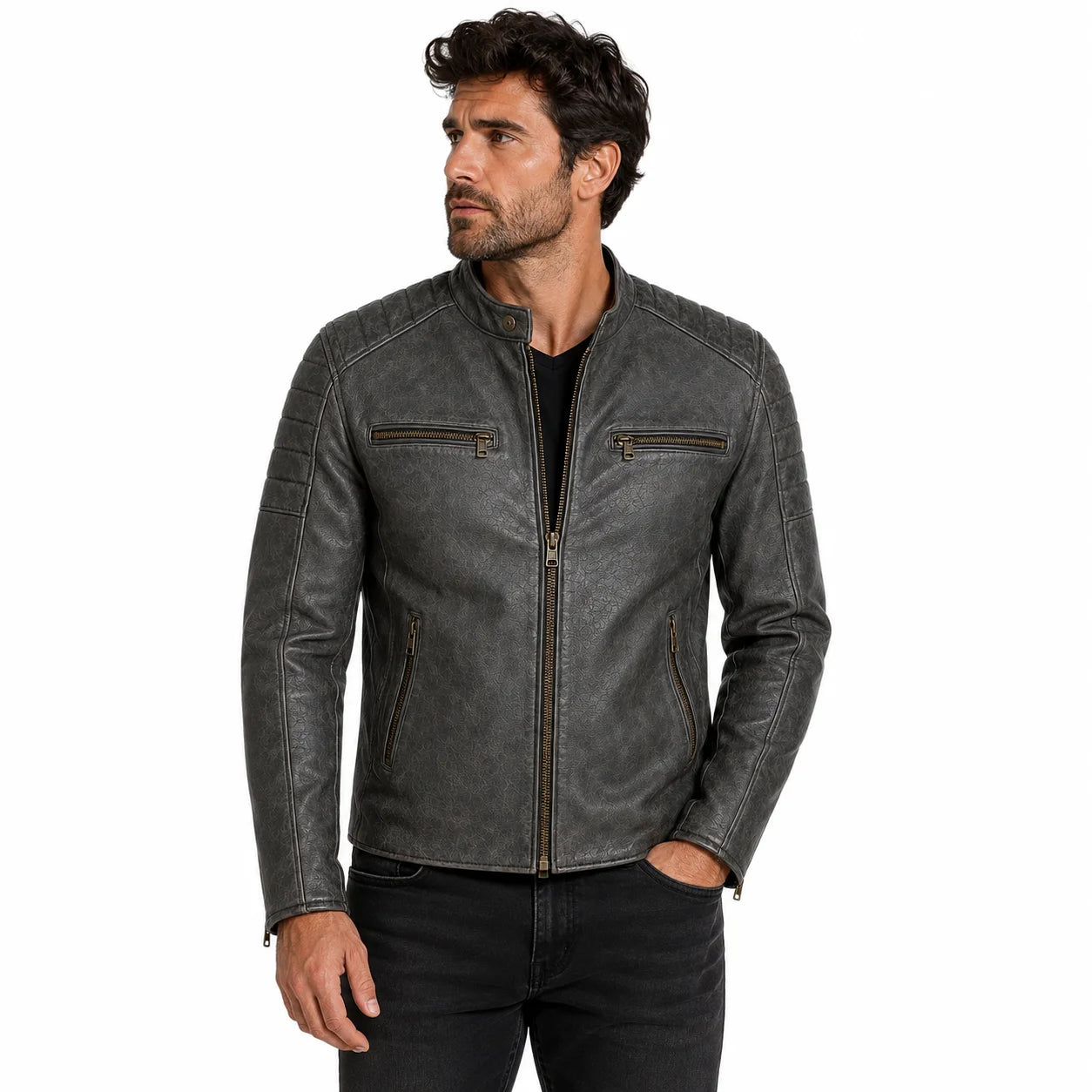 Man wearing grey leather crested motorcycle jacket, lifestyle shot