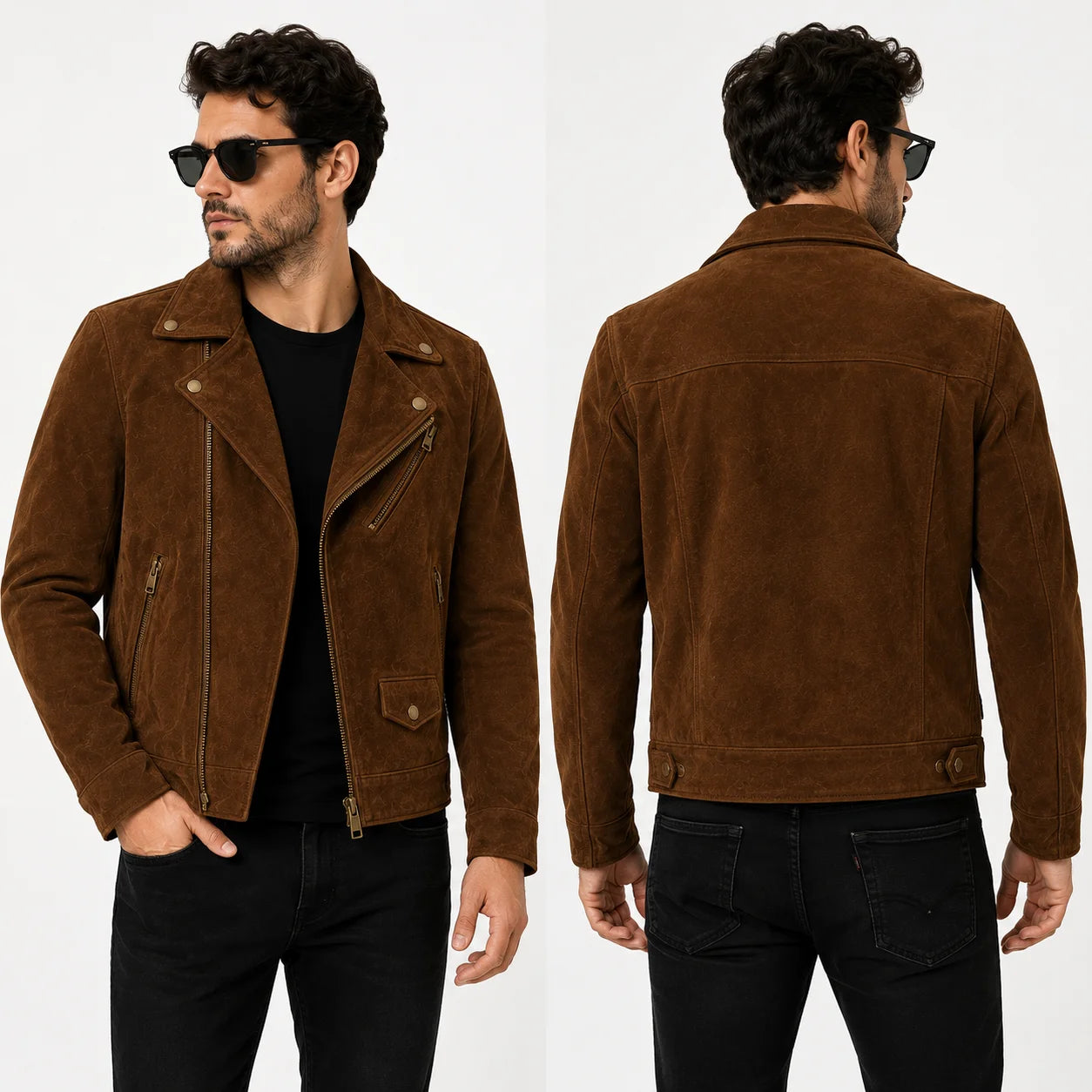 Man wearing suede biker jacket with dark denim and boots, street style