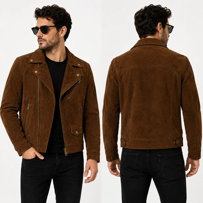 Man wearing suede biker jacket with dark denim and boots, street style