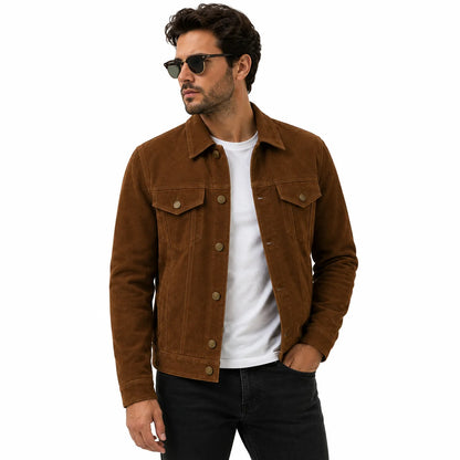 Man wearing suede trucker jacket over flannel with denim, casual outfit