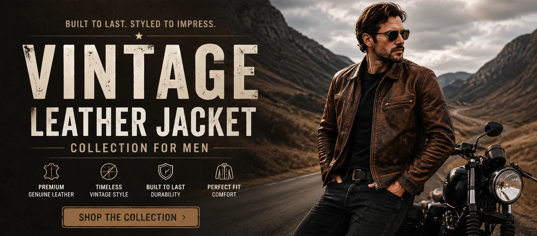 Men's genuine vintage leather jacket hero banner with timeless motorcycle fashion and rugged outdoor styling.