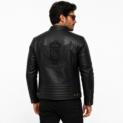 men slim cut crested black leather jacket with back panel wearing look