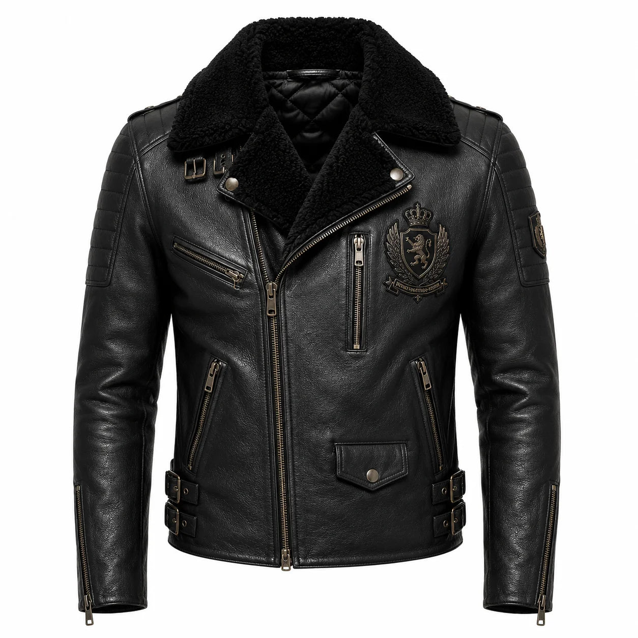 Men's black leather biker jacket with genuine shearling collar, front view