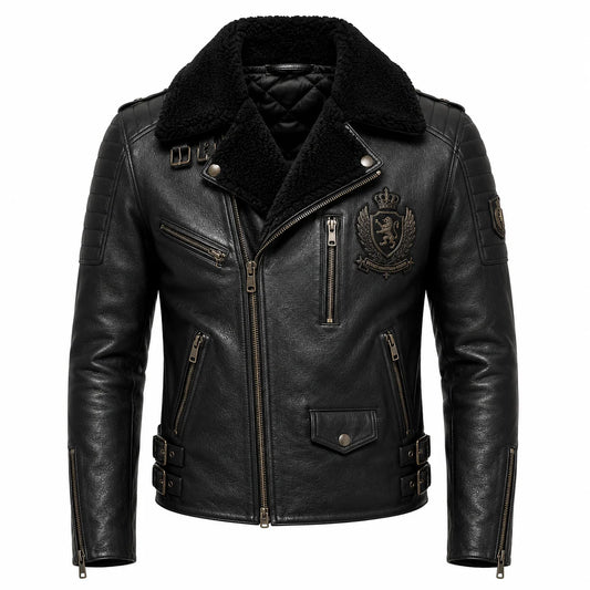 Men's black leather biker jacket with genuine shearling collar, front view