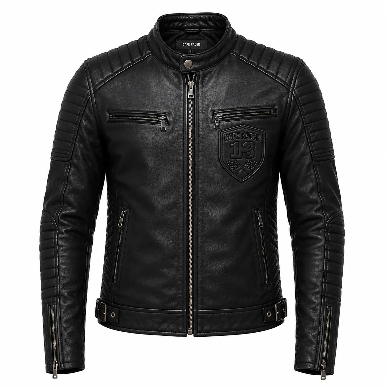 Men's black cafe racer jacket with swappable crest patch, front view