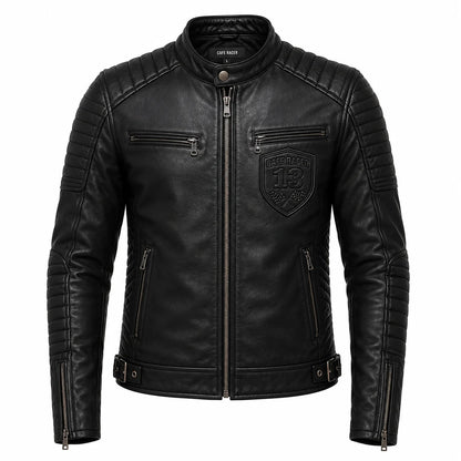 Men's black cafe racer jacket with swappable crest patch, front view