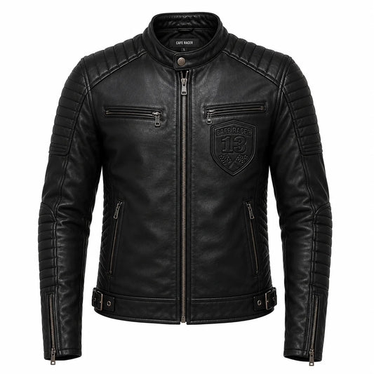 Men's black cafe racer jacket with swappable crest patch, front view