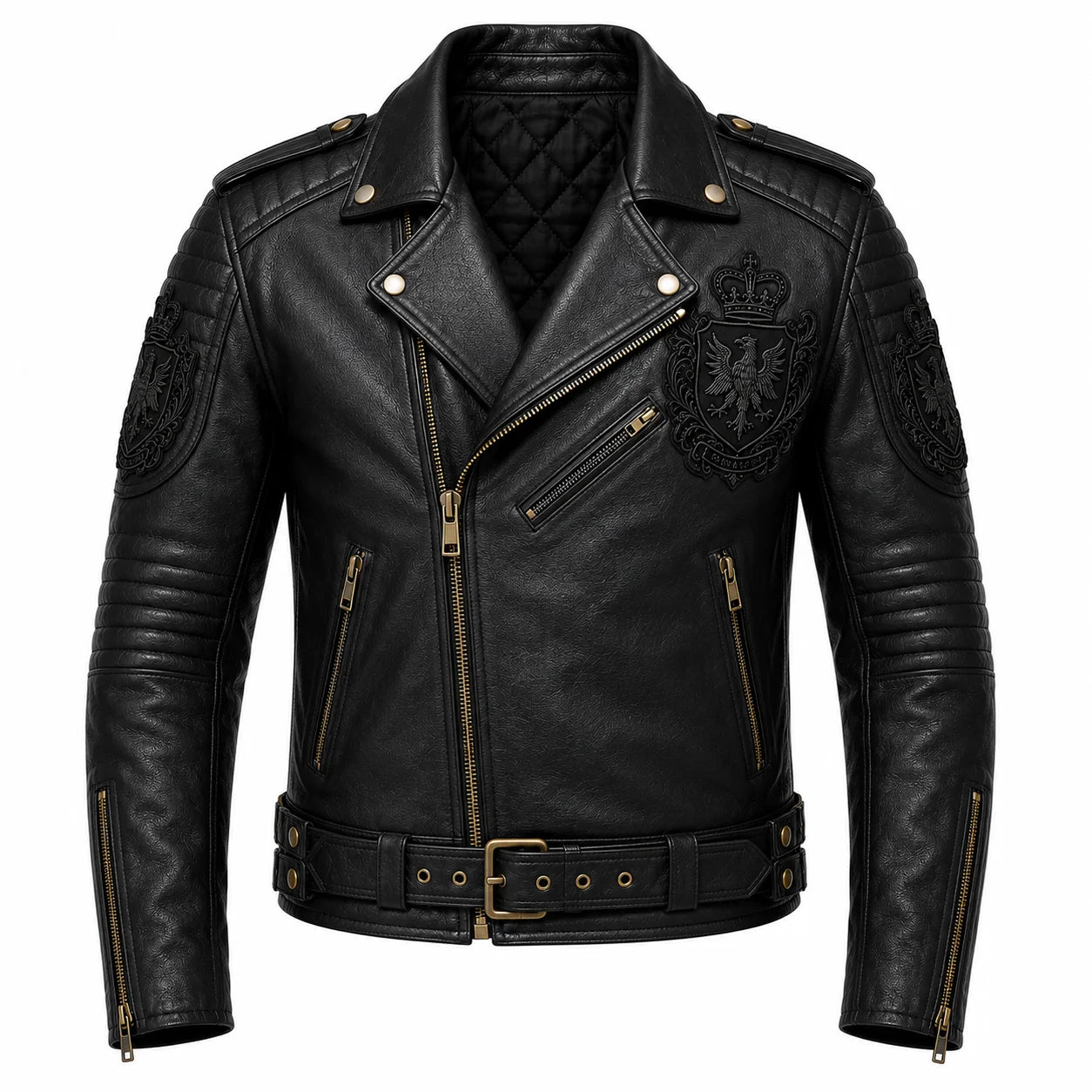 Men's black crested motorcycle jacket, front view, asymmetric zip closure