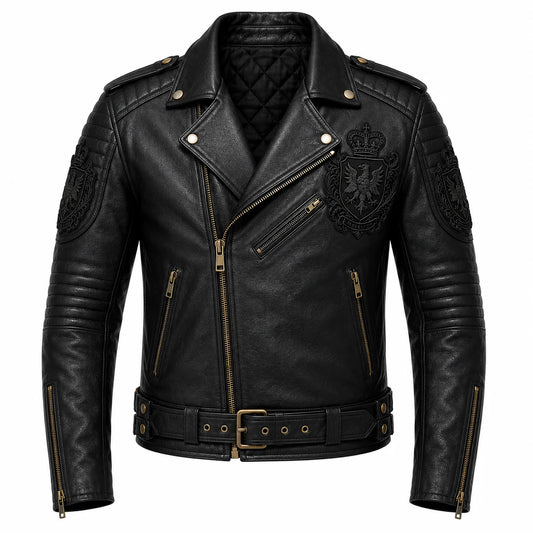 Men's black crested motorcycle jacket, front view, asymmetric zip closure