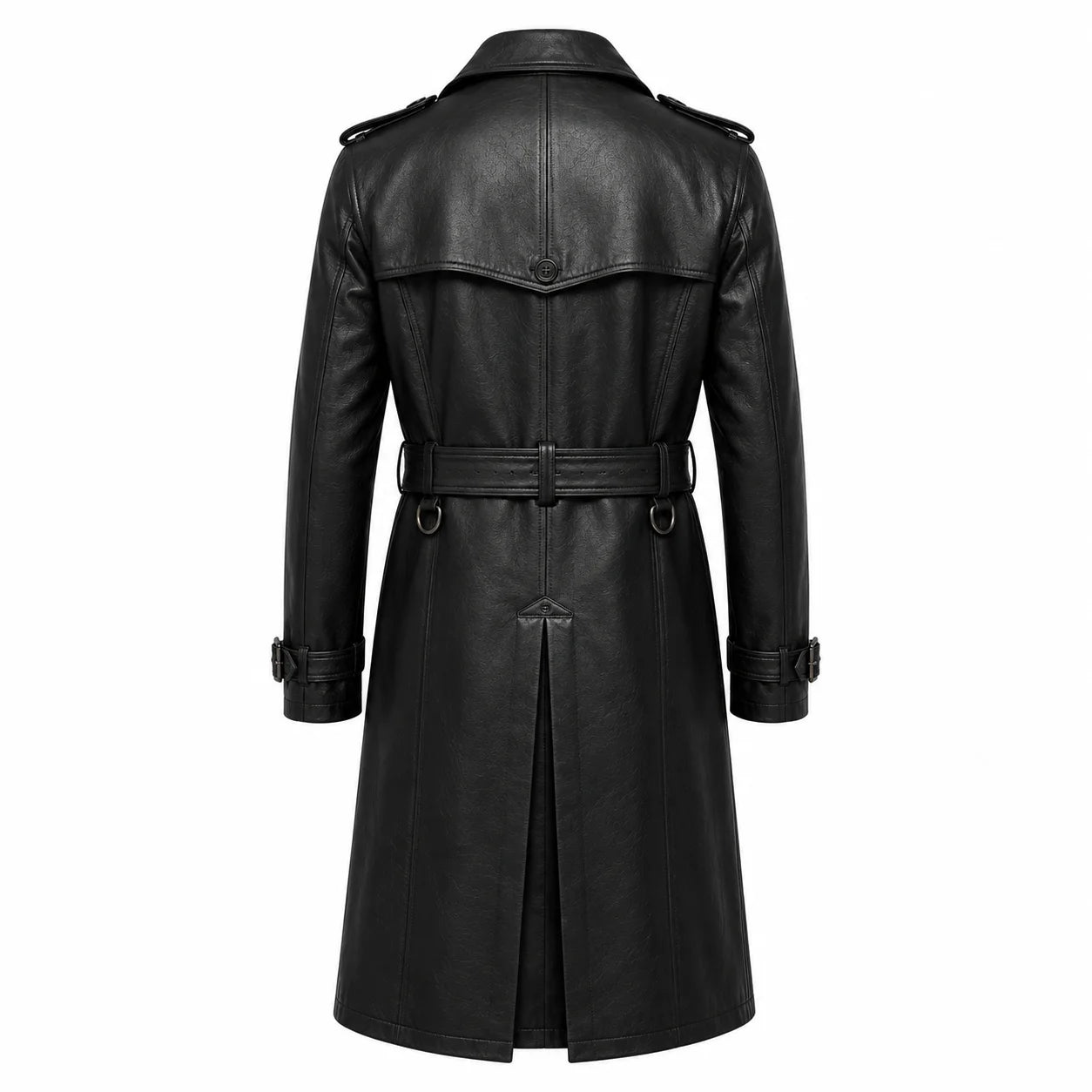 Men’s black lambskin leather trench coat slim tailored back view knee length