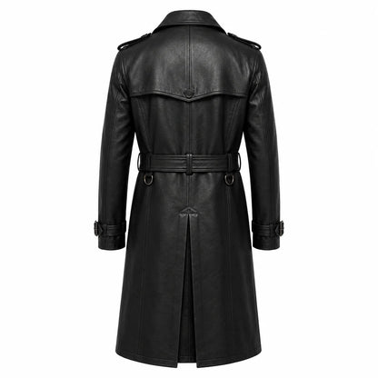 Men’s black lambskin leather trench coat slim tailored back view knee length