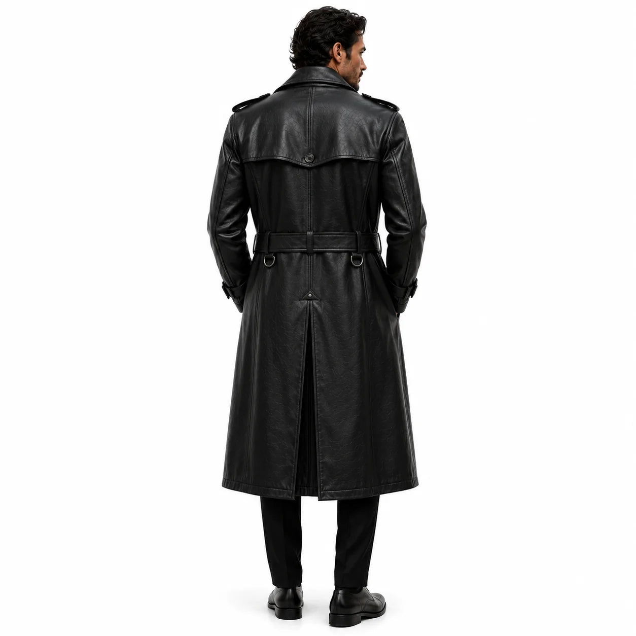 Men’s black lambskin trench coat business casual turtleneck slim trousers styled-back-look