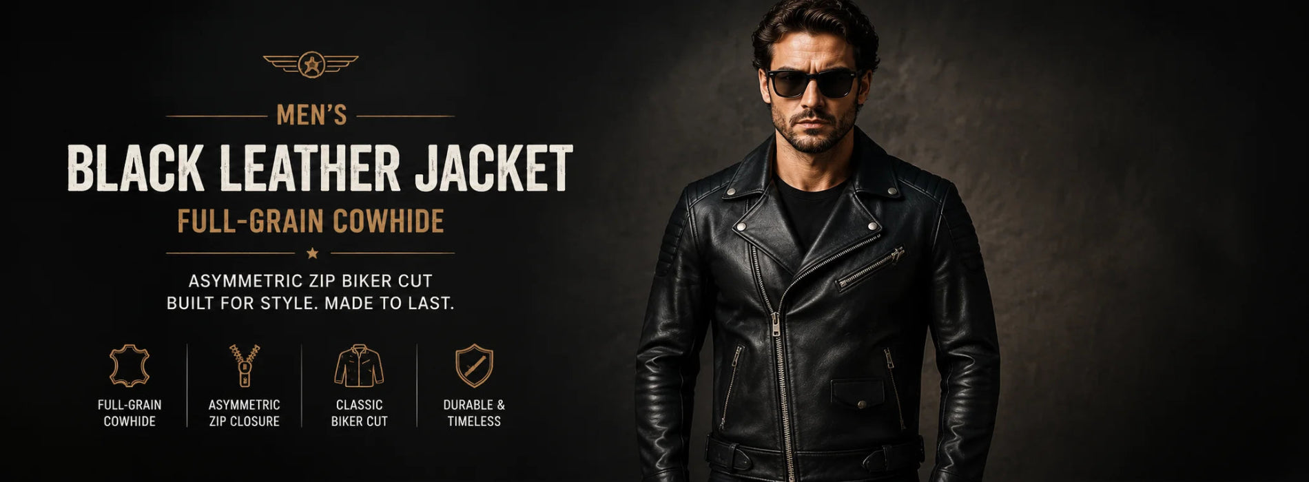Men's black leather jacket in full-grain cowhide with asymmetric zip biker cut, front view