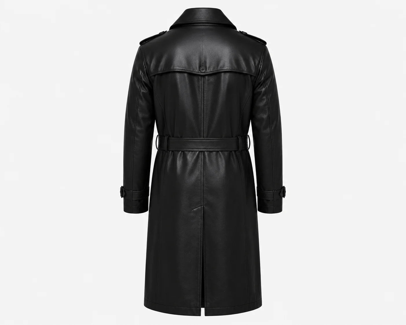 Men’s black leather trench coat back view knee length silhouette