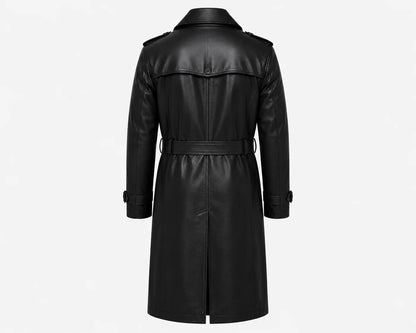Men’s black leather trench coat back view knee length silhouette