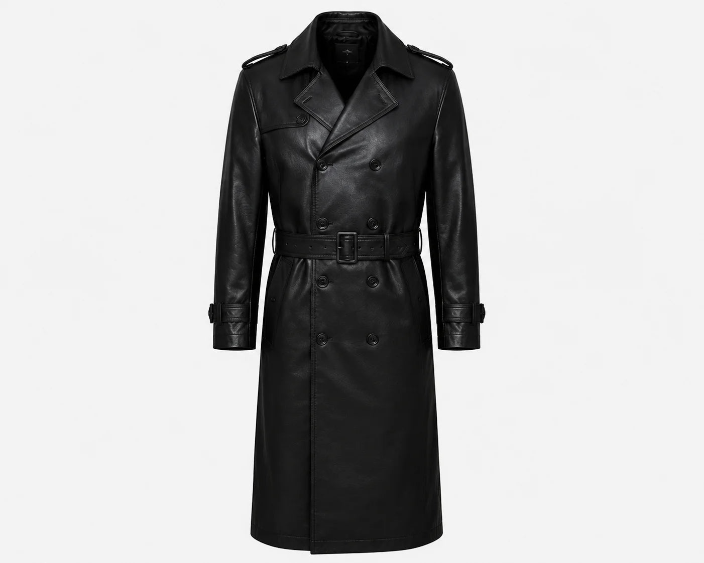 Men’s black leather trench coat double breasted front full grain cowhide