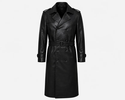 Men’s black leather trench coat double breasted front full grain cowhide