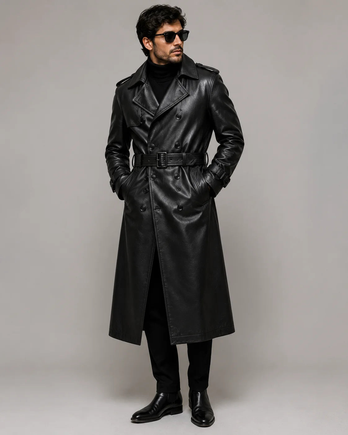 Men's black leather trench coat formal business outfit styled