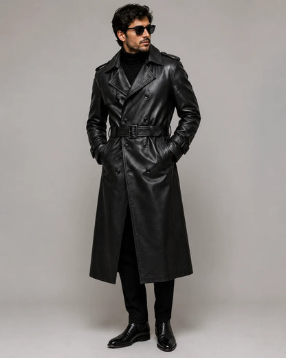 Men's black leather trench coat formal business outfit styled