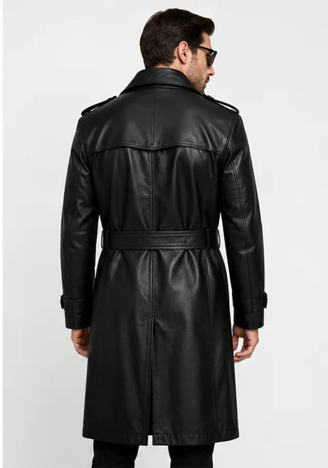 Men's black leather trench coat lifestyle urban street style