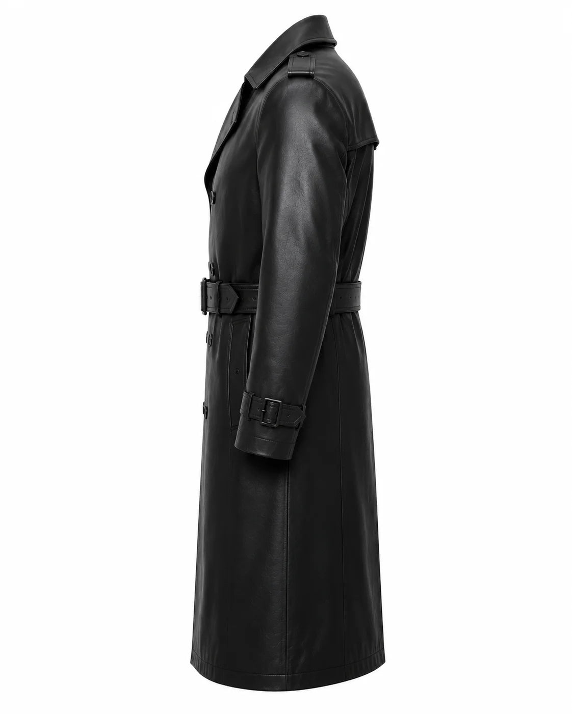 Men’s black leather trench coat side view knee length silhouette