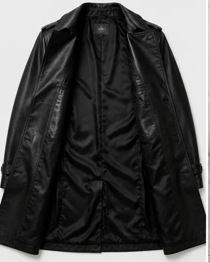 Men's black leather trench coat viscose satin lining interior