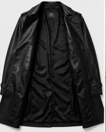 Men's black leather trench coat viscose satin lining interior