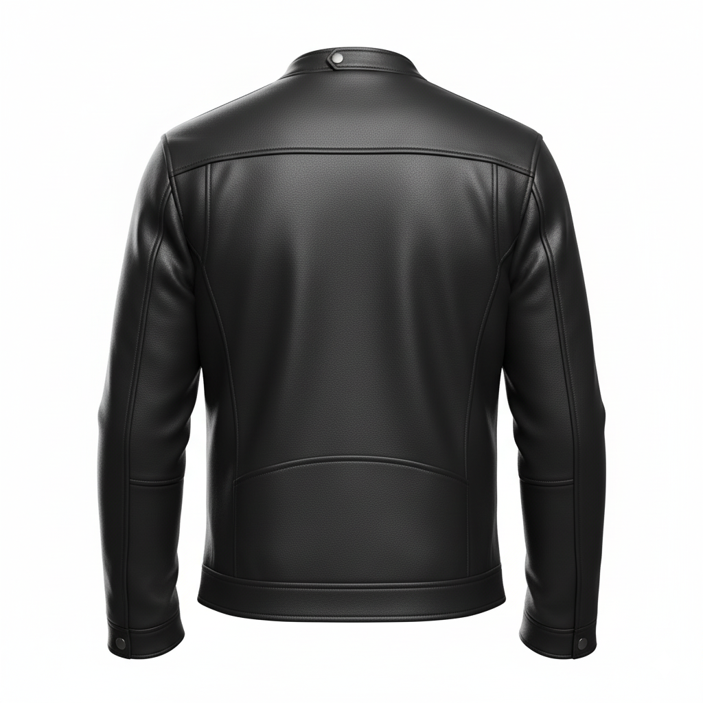 Black leather motorcycle jacket back view showing racer-cut yoke and center back seam