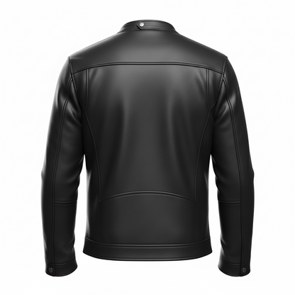 Black leather motorcycle jacket back view showing racer-cut yoke and center back seam