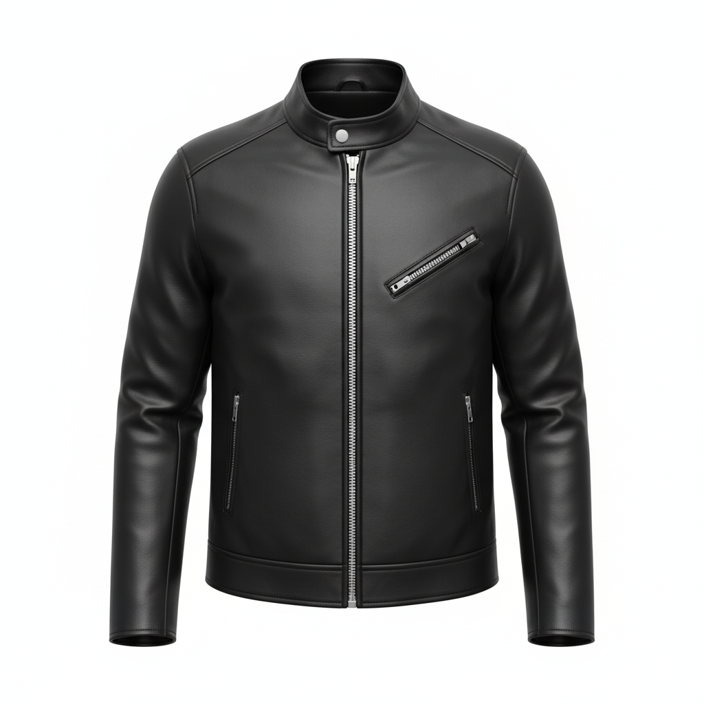 Men's black full-grain cowhide motorcycle jacket, front view, snap-tab collar and center-front zip