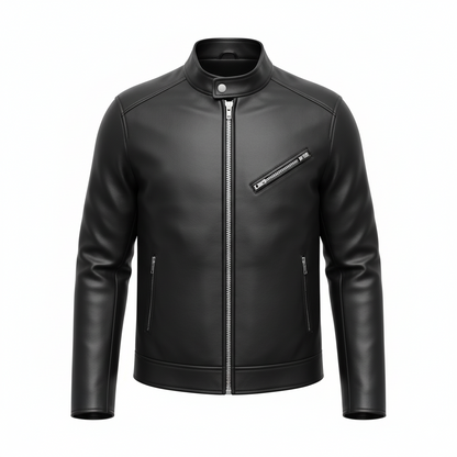 Men's black full-grain cowhide motorcycle jacket, front view, snap-tab collar and center-front zip