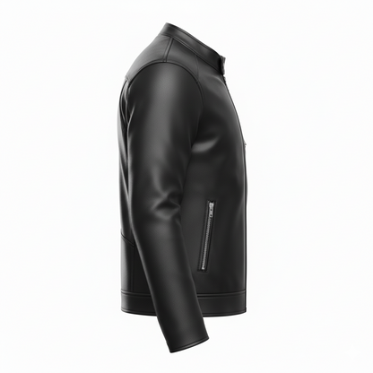 Close side view of full-grain cowhide motorcycle jacket highlighting zip chest pocket and sleeve fit