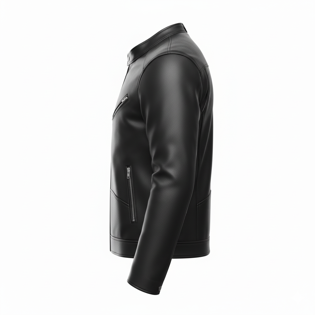 Side profile of men's black leather biker jacket showing snap-tab collar and structured shoulder