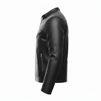 Side profile of men's black leather biker jacket showing snap-tab collar and structured shoulder