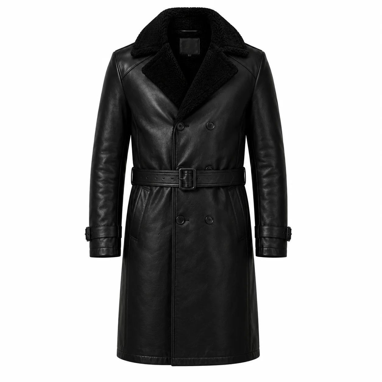 Men’s black shearling leather trench coat full grain cowhide shell front view