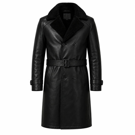 Men’s black shearling leather trench coat full grain cowhide shell front view