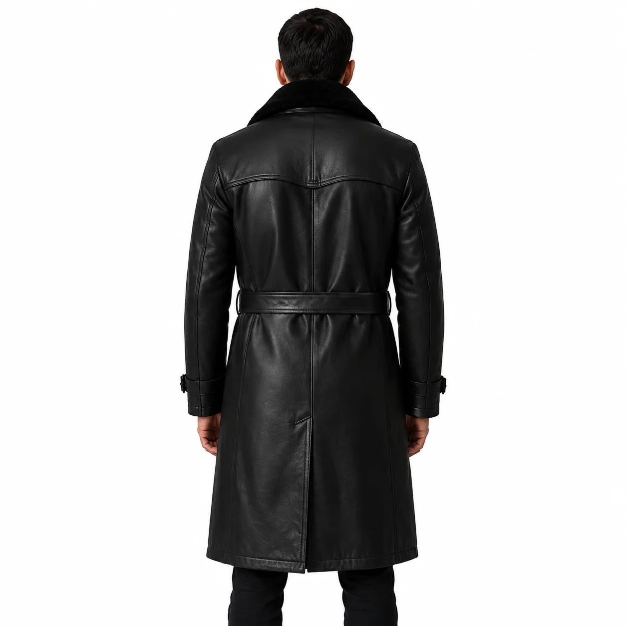 Men’s shearling leather trench coat formal business outfit styled winter back look