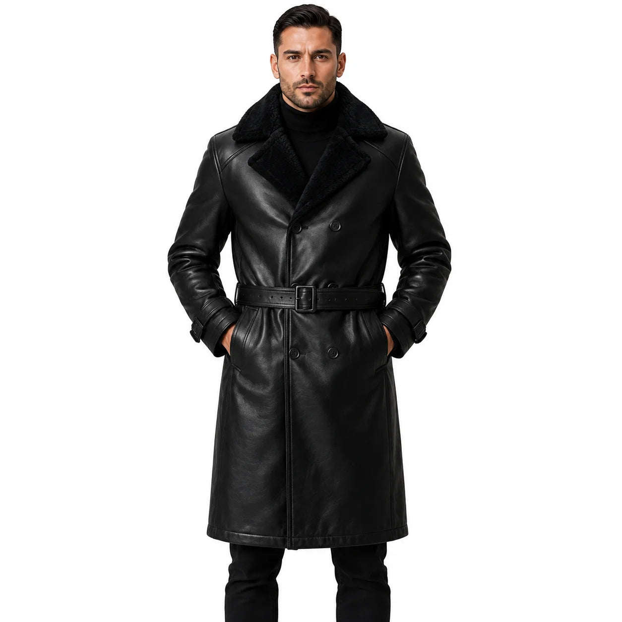 Men’s black shearling leather trench coat winter urban lifestyle cold weather