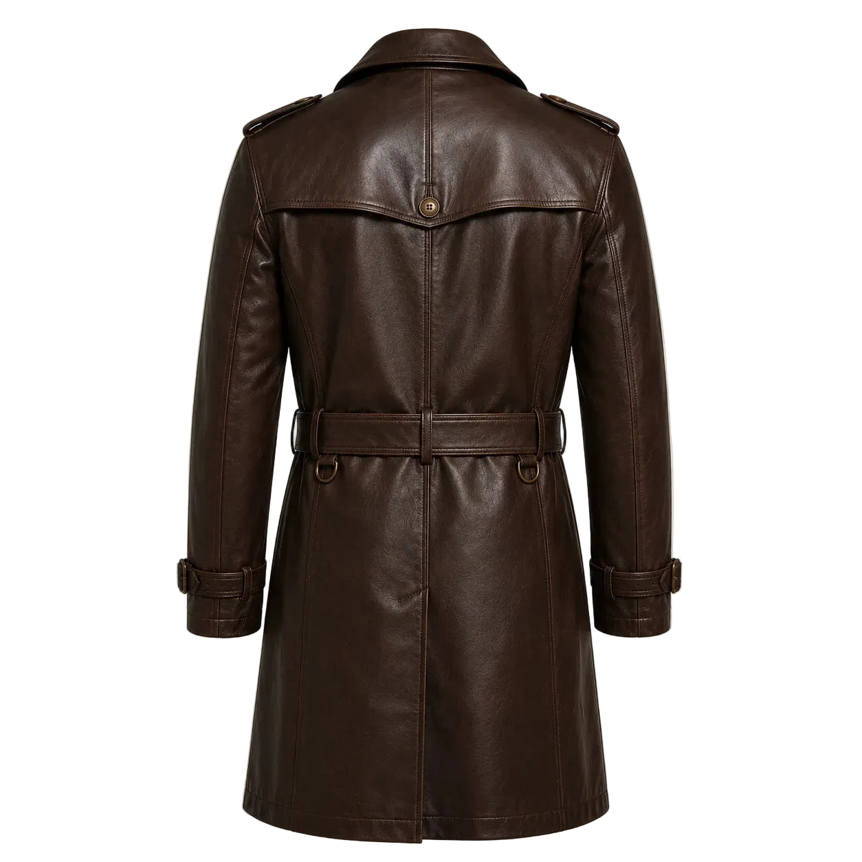 Men's brown leather trench coat back view knee length structured silhouette
