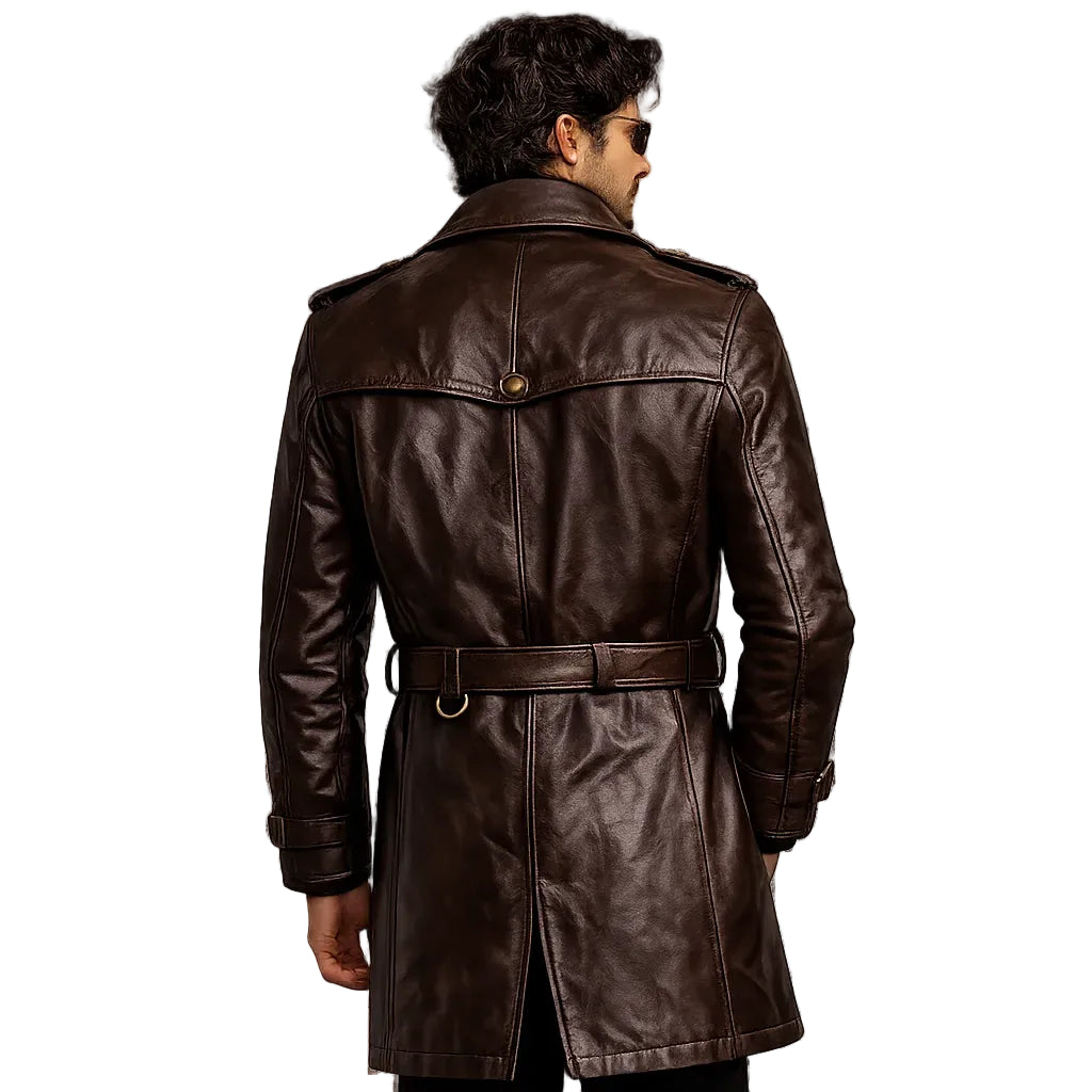 Men's brown leather trench coat lifestyle autumn urban street style