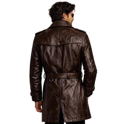 Men's brown leather trench coat lifestyle autumn urban street style