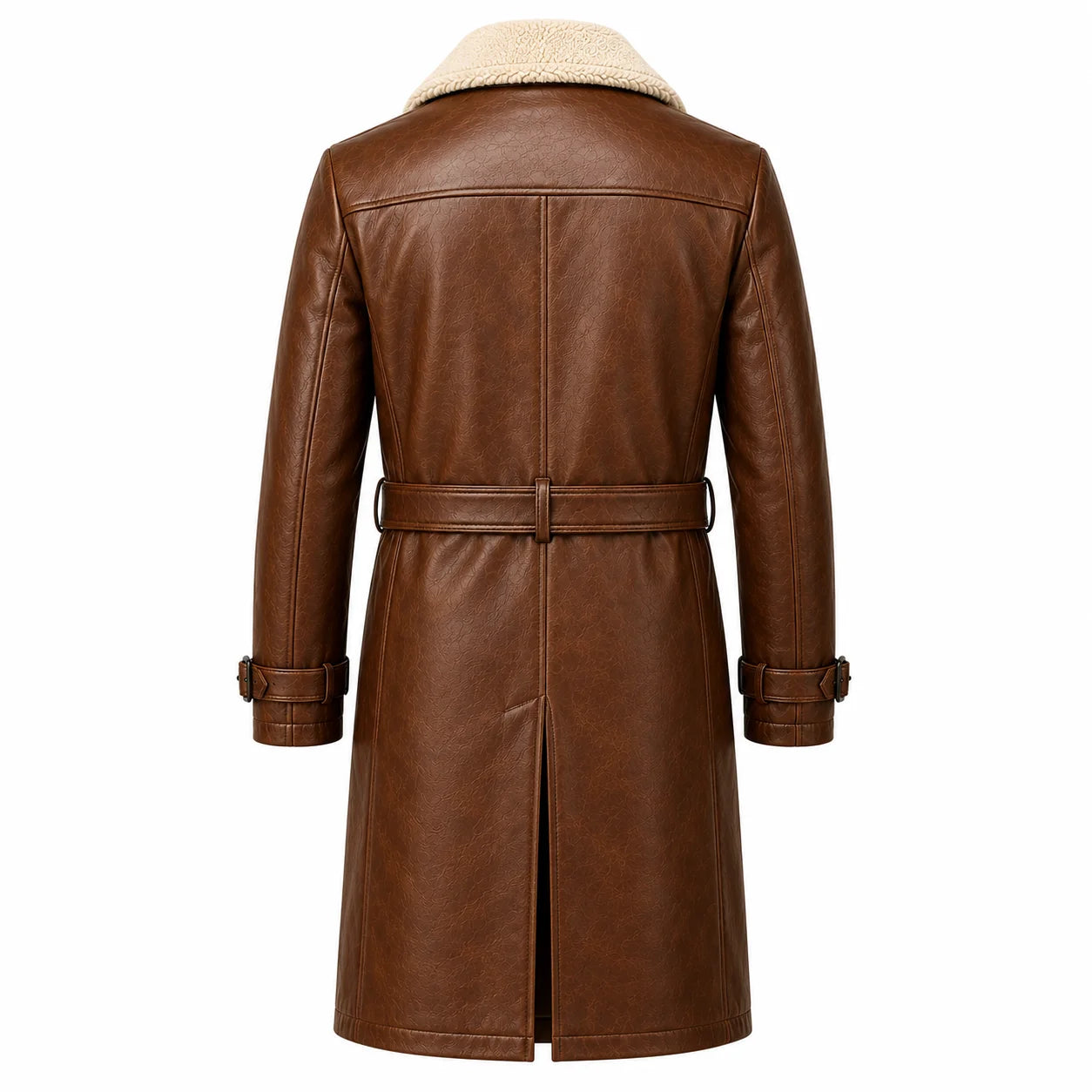 Men’s shearling leather trench coat back view knee length structured silhouette