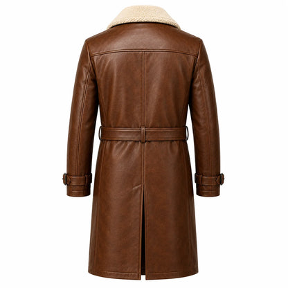 Men’s shearling leather trench coat back view knee length structured silhouette